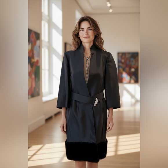 Albert Nipon Jackets & Blazers - NWT Luxury Party Minimalist Vintage Albert Nipon Faux Fur Trim Coat Jeweled Belt